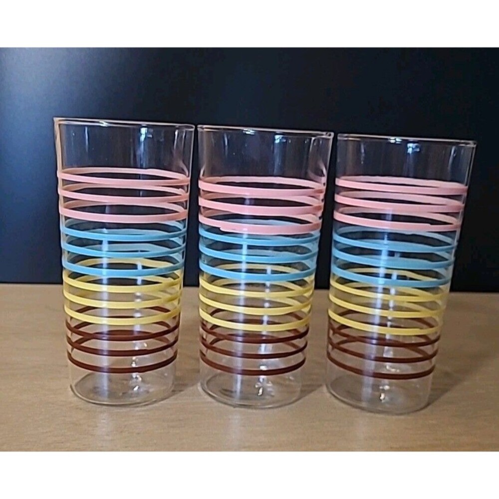 Set 3 Vintage Striped Glasses Tumblers 8oz  MCM Anchor Hocking Pink Aqua Brown